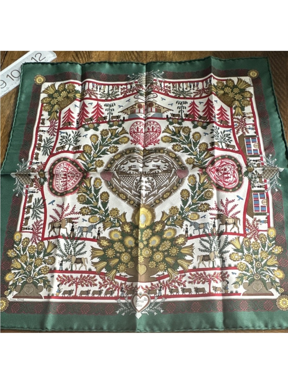 Hermes Green White Red Gold Silk Scarf